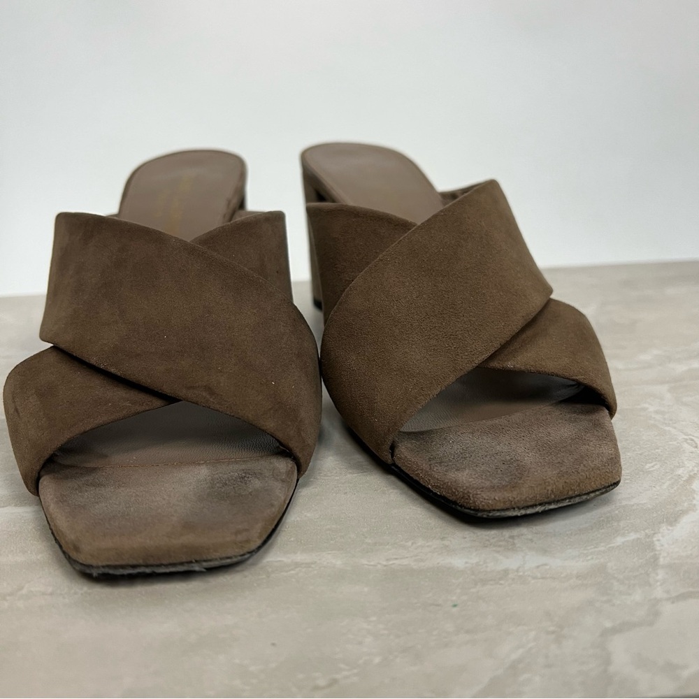 Saint Laurent Taupe Suede Crisscross Block Heel Mules with Gold YSL - Picture 4 of 13